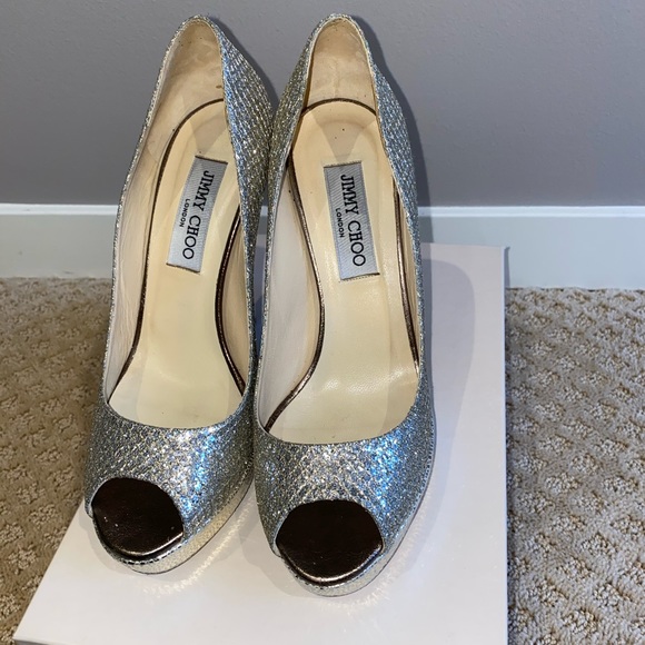 Jimmy Choo Crown Silver Glitter Platform Pumps - Picture 3 of 6